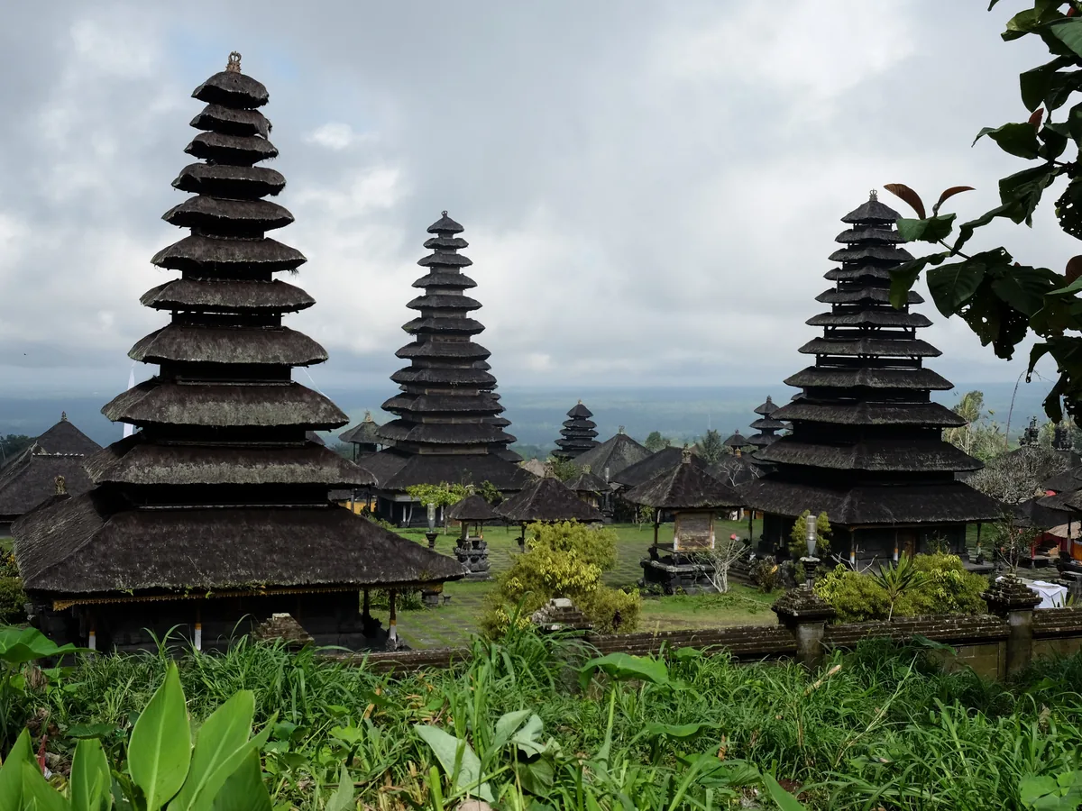 Tiered meru shrines climbing the slope at Besakih
