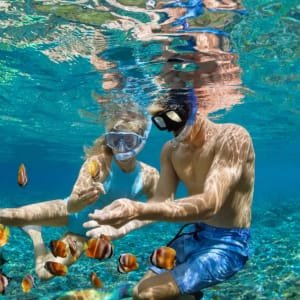 A guest snorkelling in clear east Bali water
