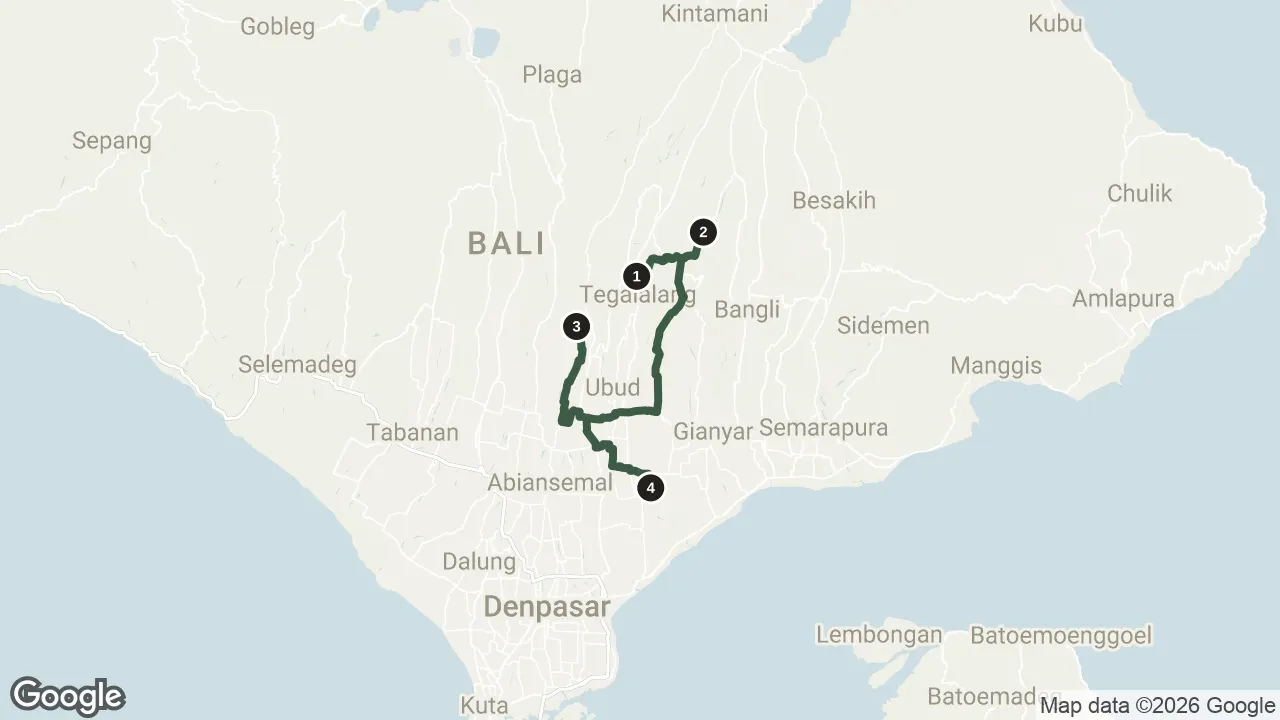 Map of the stops for Ubud Rafting Adventure