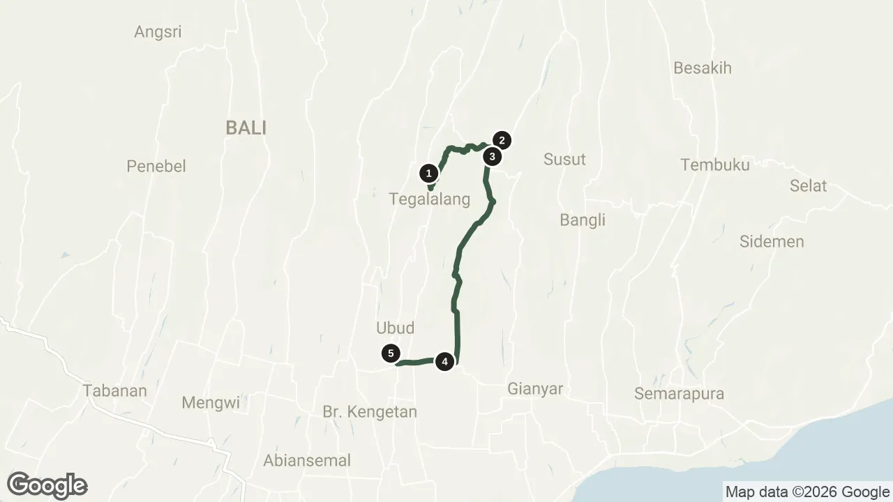 Map of the stops for Ubud Tour